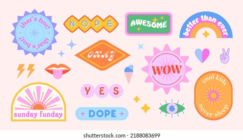 Vector set of cute funny patches and stickers in 90s style.Modern icons or symbols in aesthetic with text.Trendy kidcore designs for banners,social media marketing,branding,packaging,covers