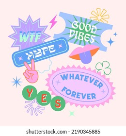 Vector Set Of Cute Funny Patches And Stickers In 90s Style.Modern Icons Or Symbols In Y2k Aesthetic With Text.Trendy Kidcore Designs For Banners,social Media Marketing,branding,packaging,covers