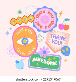 Vector set of cute funny patches and stickers in 90s style.Modern icons or symbols in y2k aesthetic with text.Trendy kidcore designs for banners,social media marketing,branding,packaging,covers