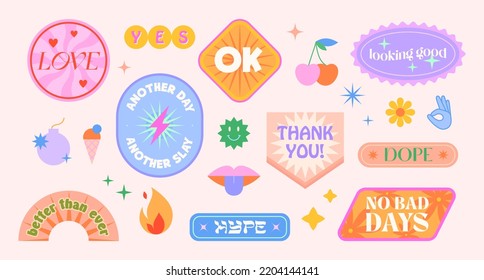 Vector Set Of Cute Funny Patches And Stickers In 90s Style.Modern Icons Or Symbols In Y2k Aesthetic With Text.Trendy Kidcore Designs For Banners,social Media Marketing,branding,packaging,covers