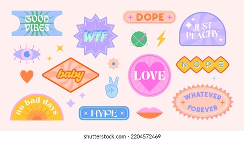 Vector set of cute funny patches and stickers in 90s style.Modern icons or symbols in y2k aesthetic with text.Trendy kidcore designs for banners,social media marketing,branding,packaging,covers