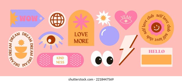 Vector set of cute funny patches and stickers.Modern icons or symbols in y2k aesthetic with text.Trendy kidcore designs for banners,social media marketing, branding, packaging, covers