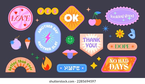 Vector set of cute funny patches and stickers in 90s style.Modern icons or symbols in y2k aesthetic with text.Trendy pop art designs for banners,social media marketing,branding,packaging,covers