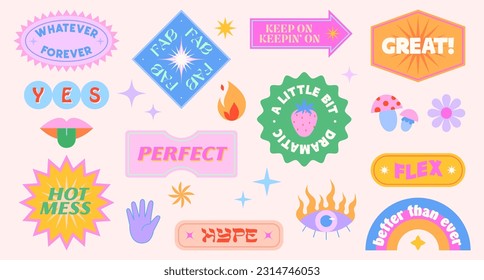 Vector set of cute funny patches and stickers in 90s style.Modern icons or symbols in y2k aesthetic with text.Trendy kidcore designs for banners,social media marketing,branding,packaging,covers