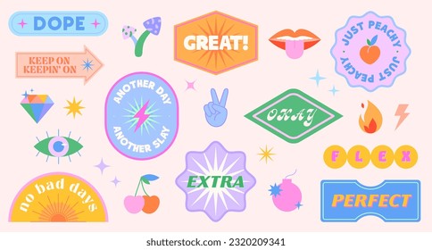 Vector set of cute funny patches and stickers in 90s style.Modern icons or symbols in y2k aesthetic with text.Trendy kidcore designs for banners,social media marketing,branding,packaging,covers