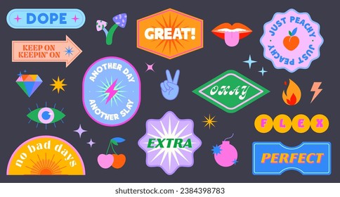 Vector set of cute funny patches and stickers in 90s style.Modern icons and symbols in y2k aesthetic with text.Trendy colorful emblems for banners,social media marketing,branding,packaging,covers