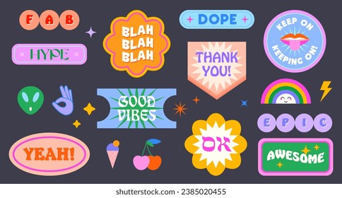 Vector set of cute funny patches and stickers in 90s style.Modern icons and symbols in y2k aesthetic with text.Trendy colorful emblems for banners,social media marketing,branding,packaging,covers