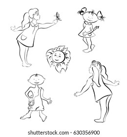 Vector set of cute and funny pictures. Girl loves to draw with pencils, girl with butterfly, girl curious and the sun. Black and white sketch