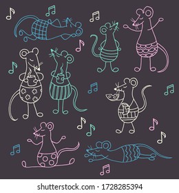 Vector set with cute funny rats, doodles, multi-colored outline on a dark background