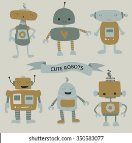 Vector Set Cute Funny Robots Cartoon Stock Vector (Royalty Free ...