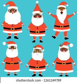 Vector set with cute and funny Santa Claus characters in flat style with dark skin for Christmas winter designs