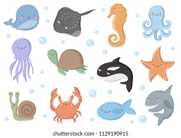 Vector set of cute funny sea animals. Poster with adorable doodle marine objects on background, pastel colors. Valentine's day, anniversary, baby shower, bridal, birthday
