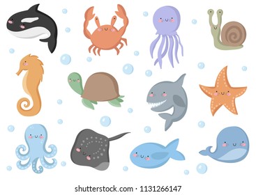 Vector set of cute funny sea animals. Poster with adorable doodle marine objects on background, pastel colors. Valentine's day, anniversary, baby shower, bridal, birthday
