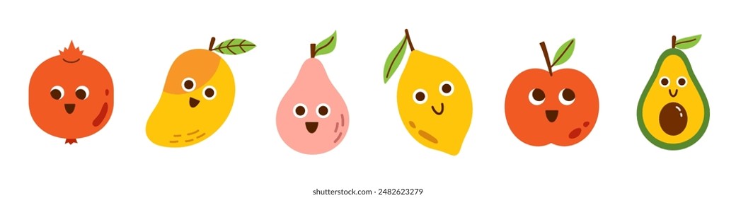 Vector set of cute funny smiling fruits. Summer fruits with faces. Collection of pomegranate, mango, pear, lemon, apple, avocado characters. Kawaii food.