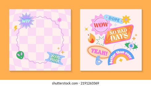 Conjunto de vectores de adorables y graciosas plantillas con parches y stickers al estilo de los años 90.Símbolos modernos en la estética del y2k con texto.Diseños modernos de kidcore para banners, marketing en medios sociales, marca, empaque, portadas