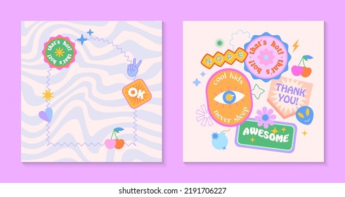 Vector set of cute funny templates with patches and stickers in 90s style.Modern symbols in y2k aesthetic with text.Trendy kidcore designs for banners,social media marketing,branding,packaging,covers