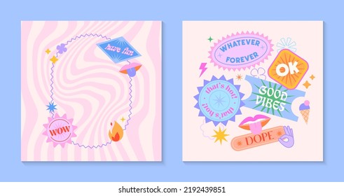 Vector set of cute funny templates with patches and stickers in 90s style.Modern symbols in y2k aesthetic with text.Trendy kidcore designs for banners,social media marketing,branding,packaging,covers