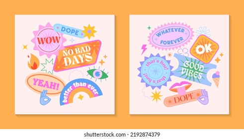 Vector set of cute funny templates with patches and stickers in 90s style.Modern symbols in y2k aesthetic with text.Trendy kidcore designs for banners,social media marketing,branding,packaging,covers