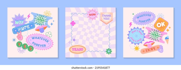 Vector set of cute funny templates with patches and stickers in 90s style.Modern symbols in y2k aesthetic with text.Trendy kidcore designs for banners,social media marketing,branding,packaging,covers