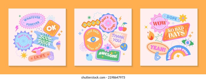 Vector set of cute funny templates with patches and stickers in 90s style.Modern symbols in y2k aesthetic with text.Trendy kidcore designs for banners,social media marketing,branding,packaging,covers