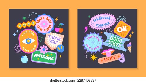 Vector set of cute funny templates with patches and stickers in 90s style.Modern symbols in y2k aesthetic with text.Trendy acid designs for banners,social media marketing,branding,packaging,covers