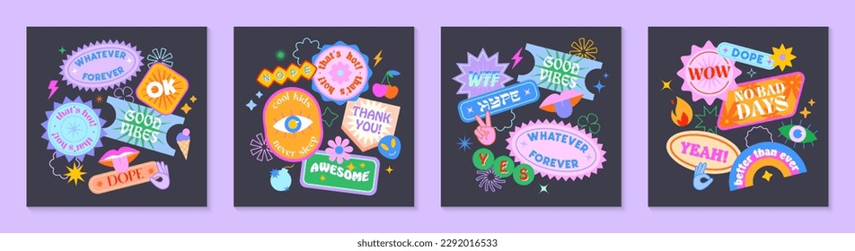 Conjunto de vectores de adorables y graciosas plantillas con parches y stickers al estilo de los años 90. Símbolos modernos en la estética del y2k con texto. Diseños de ácido de moda para banners, marketing en medios sociales, marca, embalaje, portadas