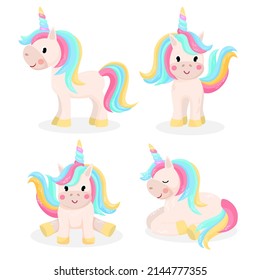 Vector set of cute funny Unicorns. Cartoon illustration. 