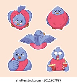 Vector set of cute funny various stickers of bird bullfinchs. Different emotions, various poses. Colored trendy illustration. Flat design. All elements are isolated. Pre-made stickers