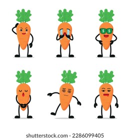 vector set of cute funny vegetable carrot with various activity face expression cartoon character graphic sticker design for kid