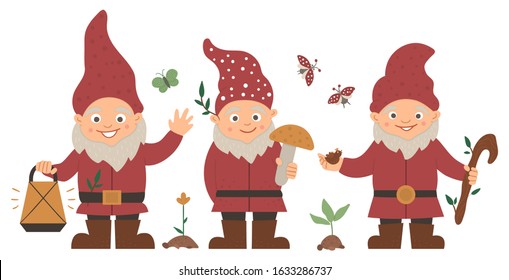 Vector set of cute garden gnomes. Funny dwarves with lantern, bird, mushroom isolated on white background. Traditional gardening leprechaun sculpture