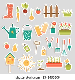 Vector set with cute gardening and spring stickers. Illustration, collection of design elements and symbols