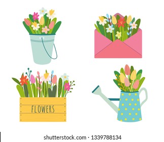 Vector set of cute gardening tools wooden box with spring flowers of tulips, daffodils, crocuses and snowdrops, polka dot watering can, bucket and envelope. Hand-drawn romantic elements