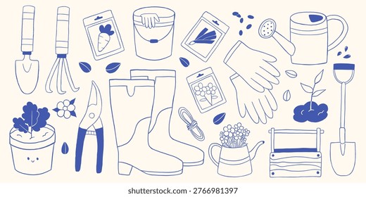 Vector set of cute gardening tools, elements in doodle hand drawn outline style. Shovel, gloves, seeds, plants for spring garden poster, packaging, sticker, hobby design. Agriculture, farm clipart.