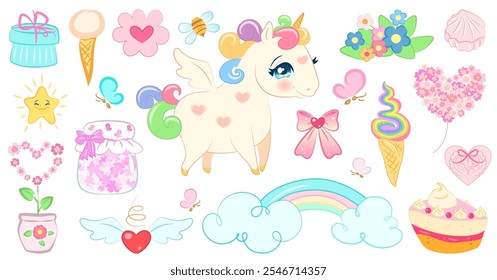 Vector set of cute, gentle, magical and fairytale objects and characters: unicorn, rainbow, star, butterflies, bee, flowers, gift box, flower balloon, various magic hearts, sweets, objects.