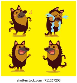 Vector set of cute german shepherd dog in different actions, emotions isolated on yellow background.