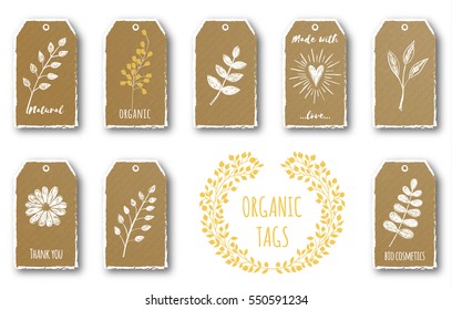 Vector set of cute gift tags with flower, heart, plants, tea leaf. Cardboard texture with hand drawing elements.