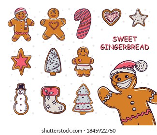 Vector set of cute gingerbread cookies for Christmas and New year. Gingerbread man in a protective mask. Isolated on a white background.