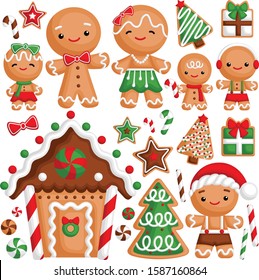 A Vector Set of Cute Gingerbread Family Celebrating Christmas Time with Warm House and Presents