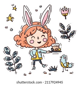 vector set of cute girl with bird and plants, and easter cake. Happy easter.