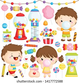 A Vector Set of Cute Girl and Boy Chewing Bubblegum with lots of Bubblegum Machine 