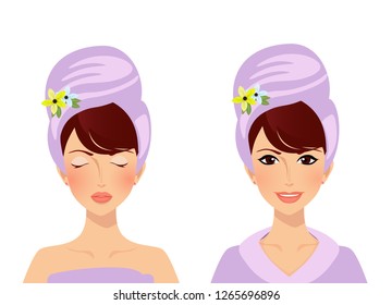 Vector set of cute girl character with towel turban on head before and after spa cosmetic procedures. Relaxing woman with closed eyes and smiling lady in bathrobe and happy face isolated clip art.