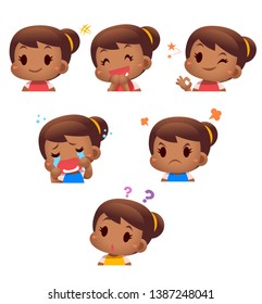 Vector set of Cute Girl Character showing Expressions Isolated on White Background