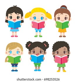 Vector set of cute girl characters holding, reading book isolated on white background.