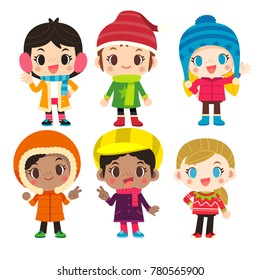 Vector set of cute girl characters in different winter clothing isolated on white background.