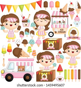 A Vector Set of Cute Girl Ice Cream Seller who is Happily Selling Various Ice Cream