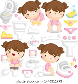 A Vector Set of Cute Girl Learning to Potty Train at the Toilet by Herself