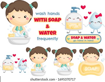 A Vector Set of Cute Girl Wash Hands with Foaming Soap and Water