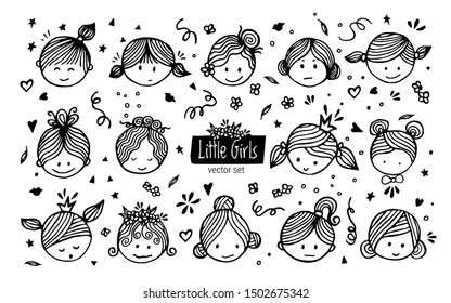 Vector set of cute girlish faces with different emotions. Ideal for children's interiors, banners and posters.