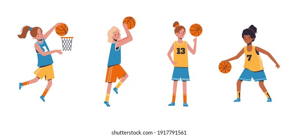 Un vector con chicas lindas que juegan al baloncesto. Deportes infantiles, educación física. Fondo blanco, estilo plano