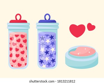 Vector Set of Cute Glass Bottles. Red Hearts and Shining Stars in Jars. Valentine's Day. Love Potion in cartoon style. Women's Magic Cosmetics isolated on a beige background.